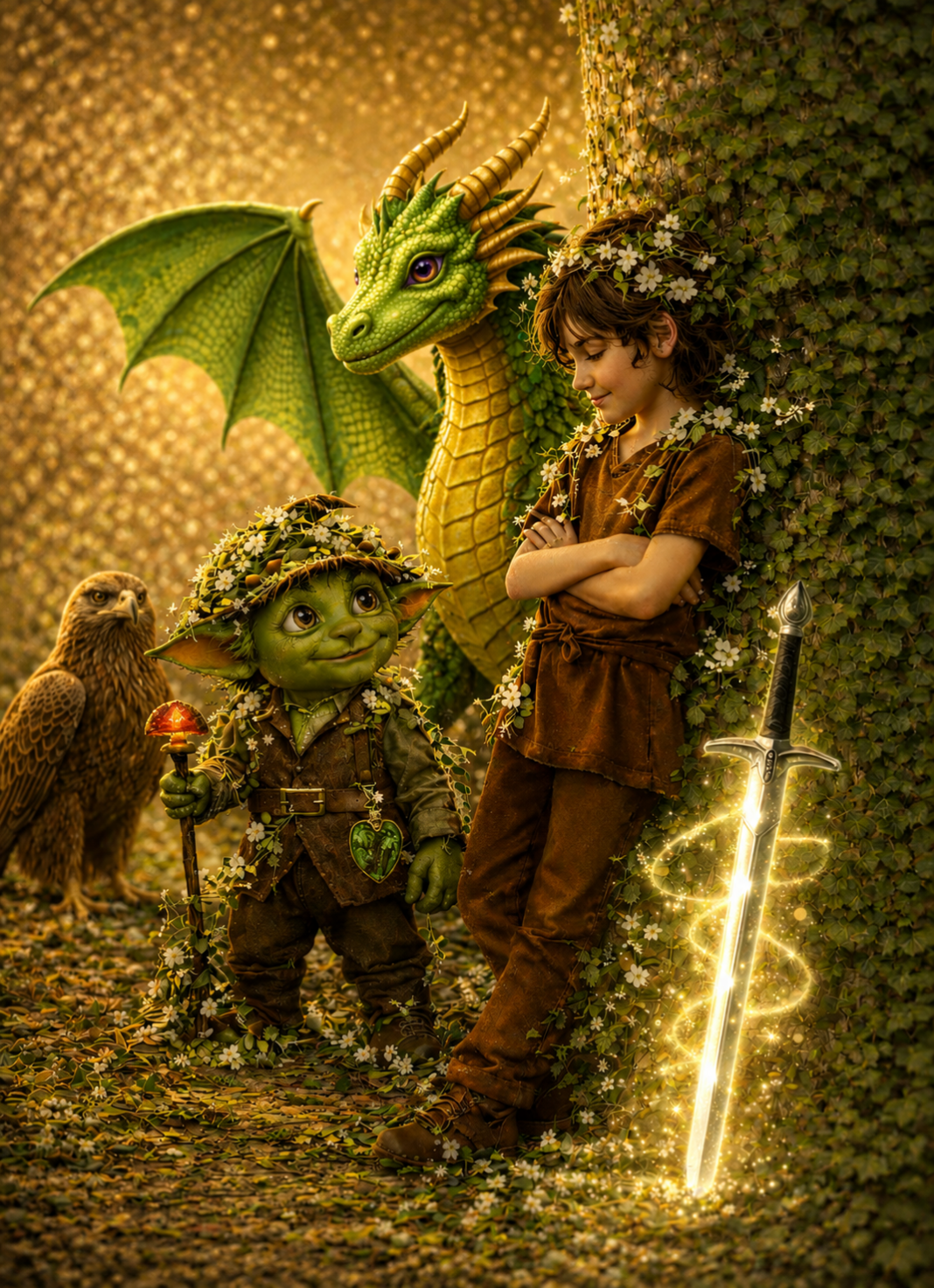 Linus begegnet einem grünen Männchen, begleitet von dem Drachen Oculai – Bild aus dem Kinderbuch „Linus und der Drache Oculai“.