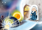 Illustration aus dem Bilderbuch „Der kleine Stern“ – der kleine Stern besucht den Mann im Mond.