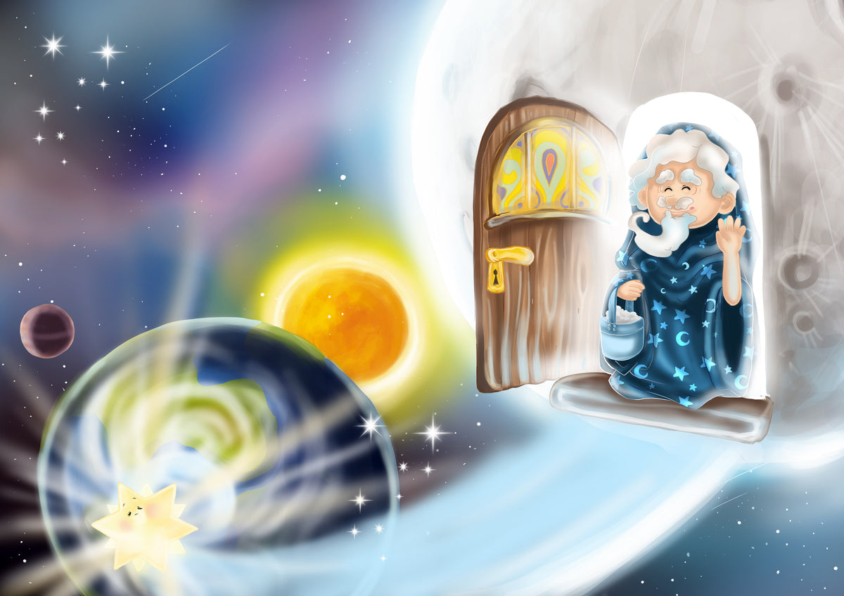 Illustration aus dem Bilderbuch „Der kleine Stern“ – der kleine Stern besucht den Mann im Mond.