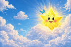 Der kleine Stern strahlt zwischen den Wolken am Himmel – Bild aus dem Bilderbuch „Der kleine Stern auf Reisen“.