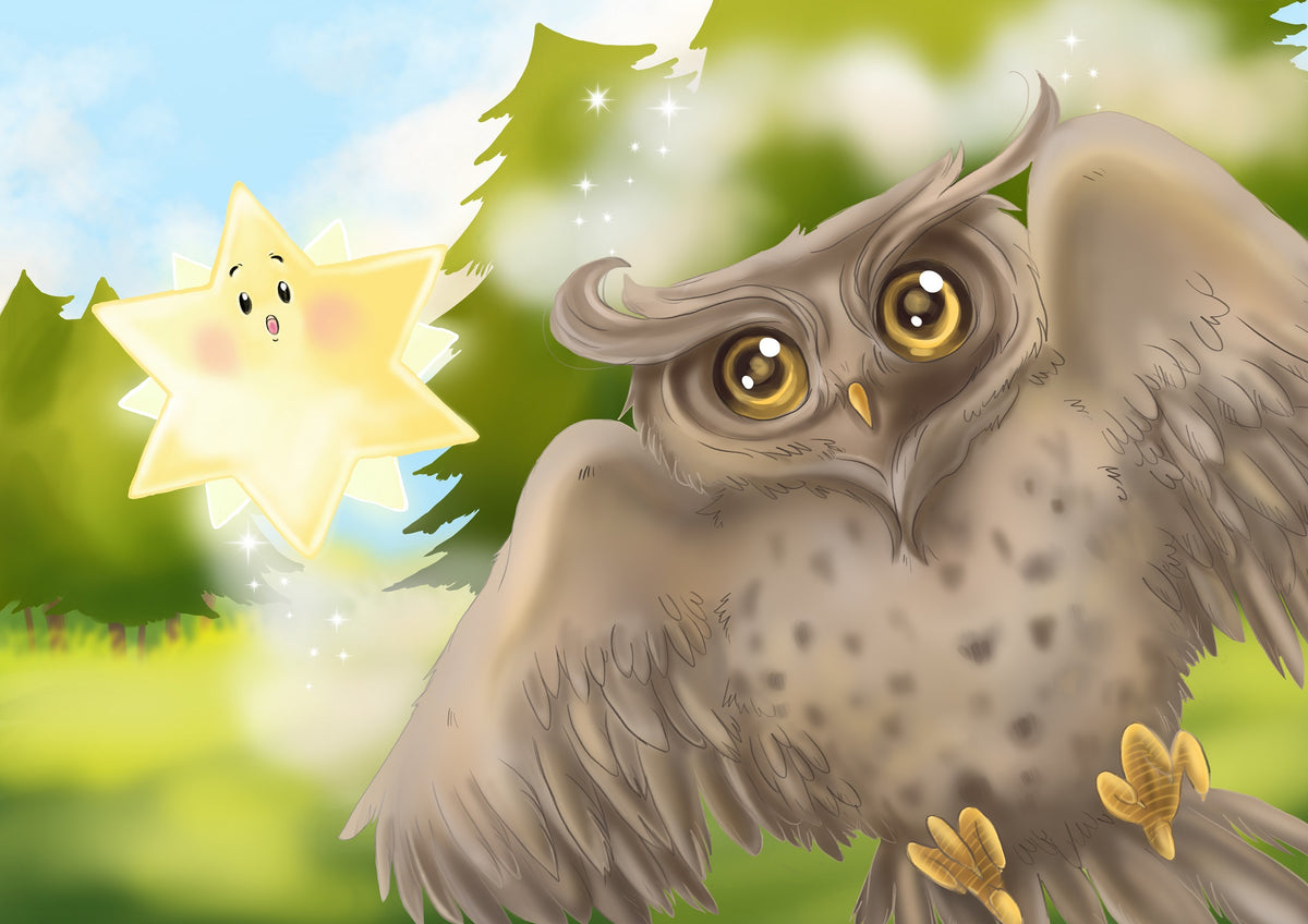 Illustration aus dem Bilderbuch „Der kleine Stern“ – der kleine Stern begegnet einer Eule.